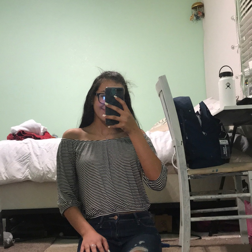 Black and white striped off the shoulder top